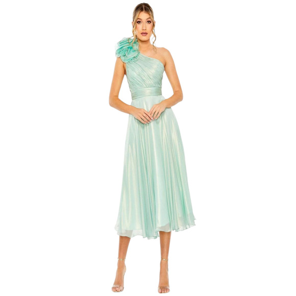 Mac Duggal Rosette Ruffled One Shoulder Tea Length Dress in Sage Green Size 6 - Picture 1 of 13